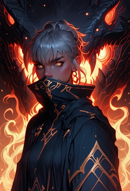 in the style of Yoann Lossel, Marc Simonetti, illustration, zPDXL3 , score_9 , score_8 , score_7 A futuristic warrior woman with short, silver hair and glowing, amber eyes stands on a battlefield. Her armor is sleek and polished, with intricate designs carved into the metal. She holds a glowing sword at her side, and her gaze is fixed on the distant horizon. The sky above her is filled with dark clouds and flashes of lightning. full-face helmet that radiates strength and mystique, crafted with divine warrior-like qualities. The helmet is completely encased in a sleek, gleaming silver, with a mask that imitates human features, creating a haunting yet noble visage that conceals the wearer's face entirely. Intricate gold engravings adorn the silver surface, resembling flowing wind or celestial patterns, which add an ethereal touch to the design. Majestic, curved wings extend gracefully from either side, crafted from the same polished silver, accented with golden highlights that catch the light, giving the impression of movement, as if the wings could lift the wearer into the skies. This combination of silver and gold, along with the complete concealment of the face, creates a helmet that speaks of a warrior chosen by fate, exuding awe and reverence with every movement. The rock is cold and metallic, as if part of the mountain was integrated with machinery. psychedelic style . vibrant colors, swirling patterns, abstract forms, surreal, trippy