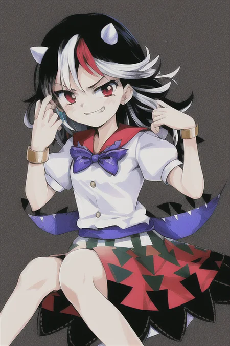 masterpiece, best quality, 1girl, solo, solo focus, (((kijin seija))), horns, red eyes, multicolored hair, (black hair), streaked hair, short hair, red hair, white hair, dress, bow, jewelry, bracelet, white dress, blue bow, puffy short sleeves, puffy sleeves, bowtie, blue bowtie, short sleeves, arrow \(symbol\), white shirt, blue sash, purple bowtie, purple bow, buttons, ribbon trim, multicolored clothes, sash, sailor collar, red sailor collar, petite, skinny, (((smug))), <lora:seijaKijin_seijaKijin:1>, <lora:pc98GalgameElfRetroSemi_v10:0.6>, retro artstyle,