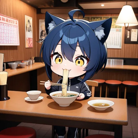 masterpiece, best quality, amazing quality, 1girl, (chibi:1.3), solo, short hair, navy blue hair, cat ears, ahoge, hair between eyes, yellow eyes, :3, fang, smile, black track suit, indoors, restaurant, table, chair, lamp, counter, stool, poster (object), calendar (object), food, holding chopsticks, bowl, plate, cup, saucer, noodles, ramen, chibi only,