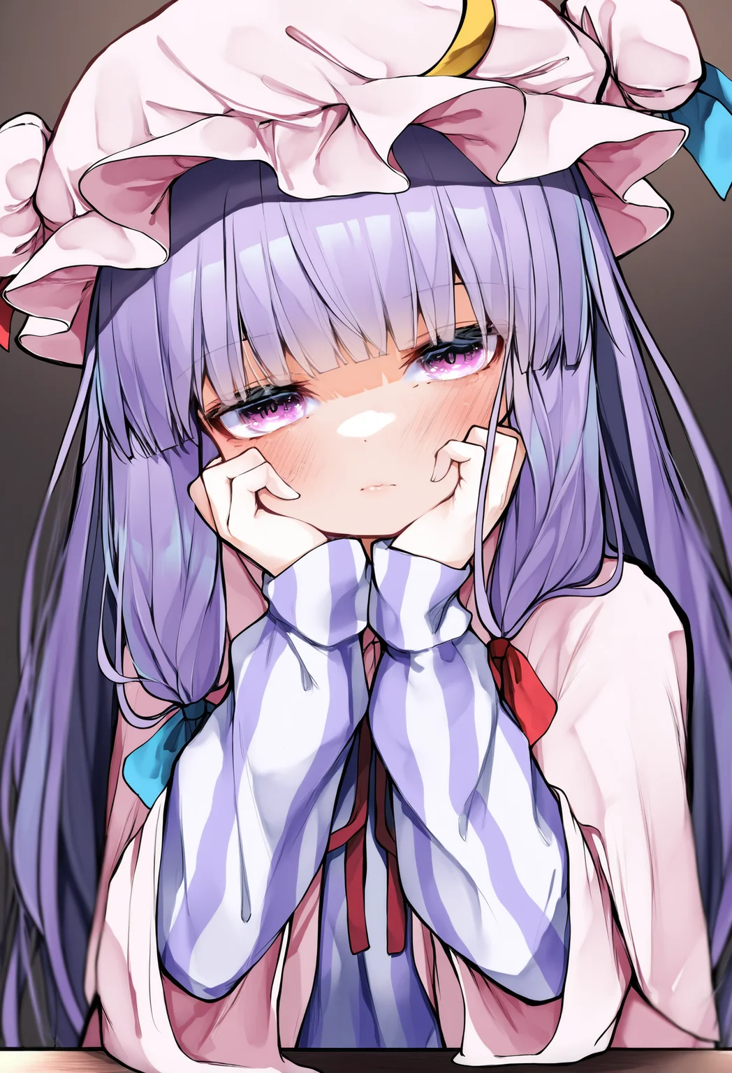 1girl, solo, patchouli knowledge, long hair, crescent, hat, purple hair, crescent hat ornament, mob cap, purple eyes, blush, hat ornament, long sleeves, upper body, simple background, ribbon, striped clothes, looking at viewer, dress, closed mouth, red ribbon, bow, blunt bangs, hat ribbon, blue ribbon
,masterpiece,best quality,very aesthetic,absurdres
<lora:ããããã¤ãfornoob:0.95>