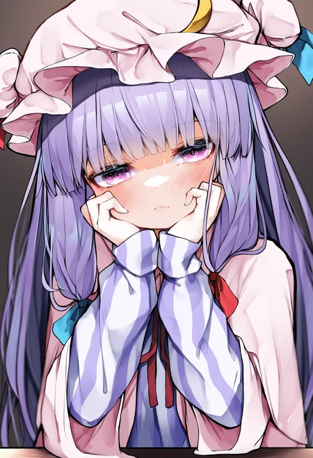 1girl, solo, patchouli knowledge, long hair, crescent, hat, purple hair, crescent hat ornament, mob cap, purple eyes, blush, hat ornament, long sleeves, upper body, simple background, ribbon, striped clothes, looking at viewer, dress, closed mouth, red ribbon, bow, blunt bangs, hat ribbon, blue ribbon
,masterpiece,best quality,very aesthetic,absurdres
<lora:ããããã¤ãfornoob:0.95>