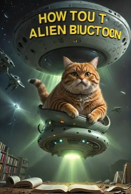 book cover title "How to Defend Yourself Against Alien Abduction", fat cat is to obesse and got stuck in the abdustion beam of an ufo, detailed, 8k, <lora:cinexart:0.5>, <lora:wizards_vintage_romance:0.6>, <lora:Harrlogos_v1.1:0.8>,   <lora:- SDXL - wonderrake_5000_V1.0:0.8>  <lora:- SDXL - stnerfx _Stoner_Fox_V3.0:0.4> <lora:- SDXL - letitflrsh_let_it_flourish_V1.0:0.4>