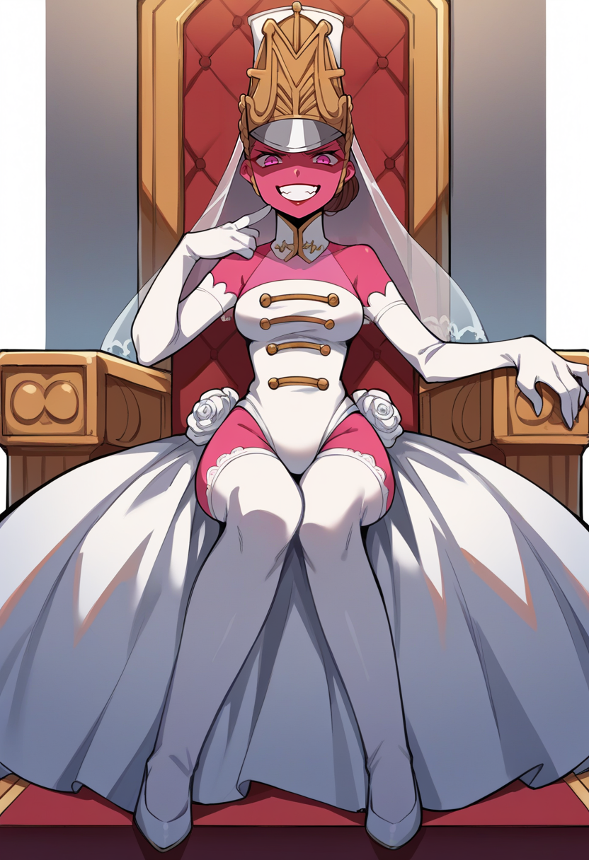score_9, score_8_up, score_7_up, source_anime BREAK 1girl, solo,   <lora:zs_MarieXL:1> mariep5t, hair bun, brown hair, veil, leotard, wedding dress, thighhighs, elbow gloves, looking at viewer, throne, castle, sitting, evil grin, cowboy shot