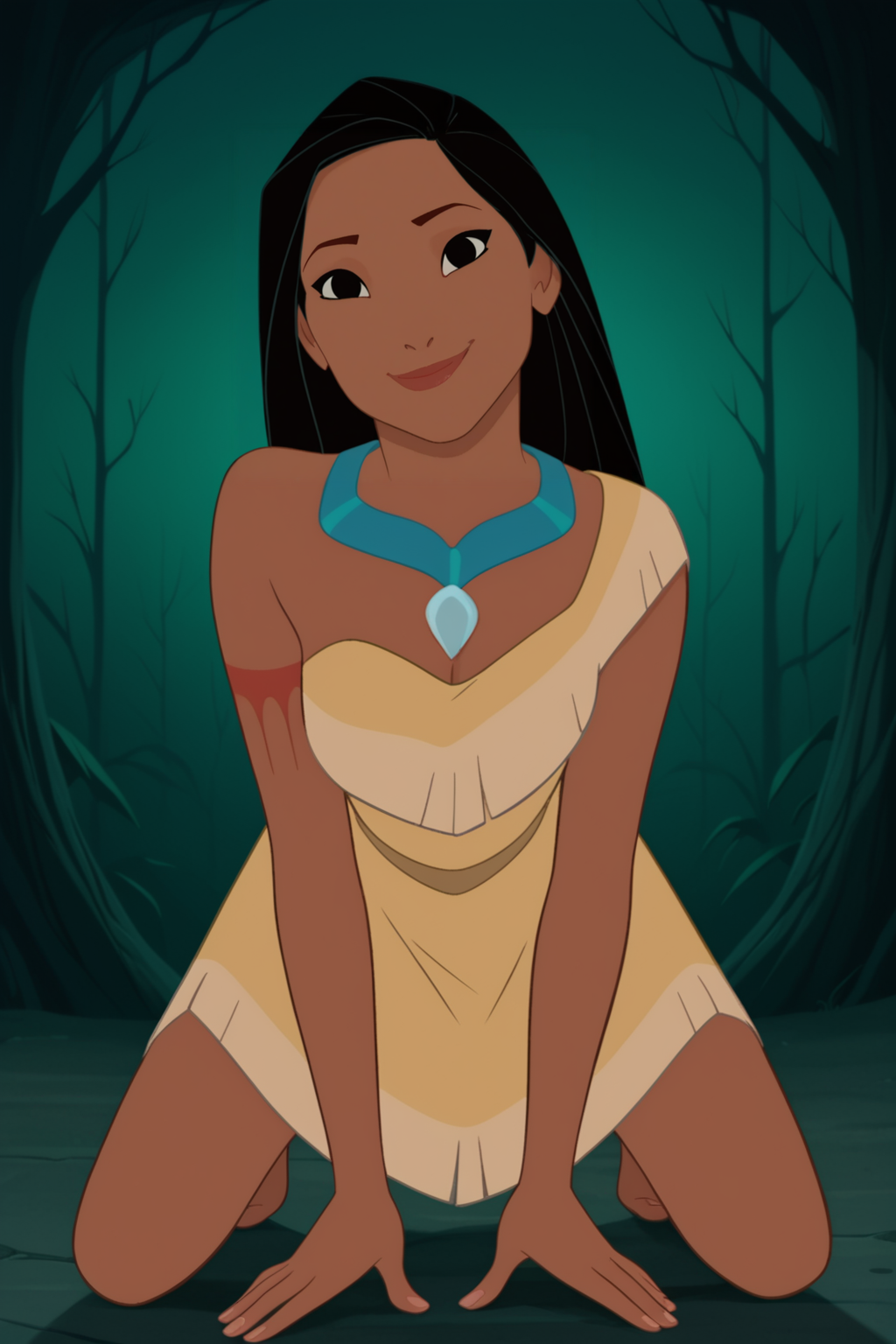 retro artstyle, 1990s (style), score_9, score_8_up, score_7_up, score_6_up, score_5_up, score_4_up, BREAK, <lora:Pocahontas:1>, 1girl, Poca, dark skin, black eyes, black hair, necklace, yellow dress, short dress, barefoot, kneeling, looking at viewer, pov, smiling, ((closed mouth))
