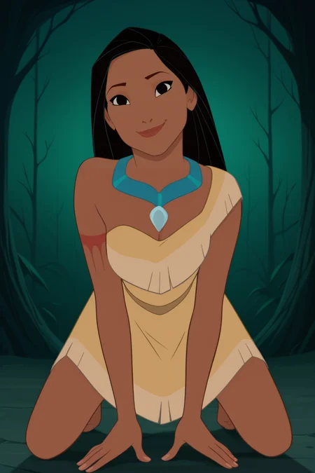 retro artstyle, 1990s (style), score_9, score_8_up, score_7_up, score_6_up, score_5_up, score_4_up, BREAK, <lora:Pocahontas:1>, 1girl, Poca, dark skin, black eyes, black hair, necklace, yellow dress, short dress, barefoot, kneeling, looking at viewer, pov, smiling, ((closed mouth))