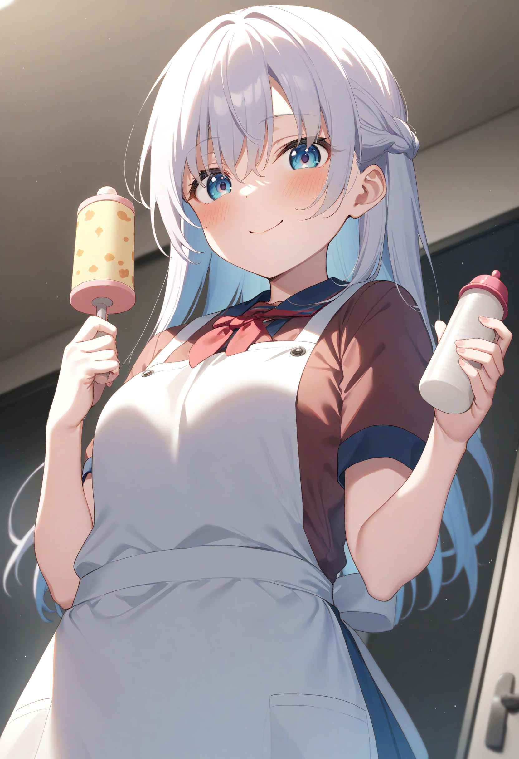 1girl,sincos, ningen mame, toosaka asagi,solo,medium breasts,school uniform,
rattle, holding,baby bottle, apron,<lora:rattle_XL_v1:0.6>
from below, upper body, looking at viewer, white hair, gray eyes,teasing smile, in locker room, closed mouth, lightly curled inwards hair,,
best quality, very aesthetic, absurdres