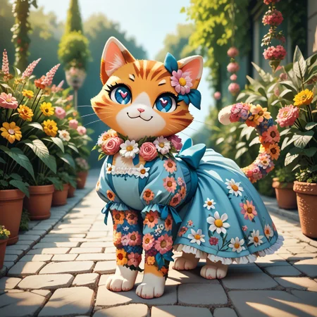 score_9, score_8_up, score_8, source_furry,
slimes_flowerwm,
1girl, solo, (cat:1.05), cute, heart pupils, smug, tail,
blurry background, dress made of flowers,
sunny meadow background, 
pikaole