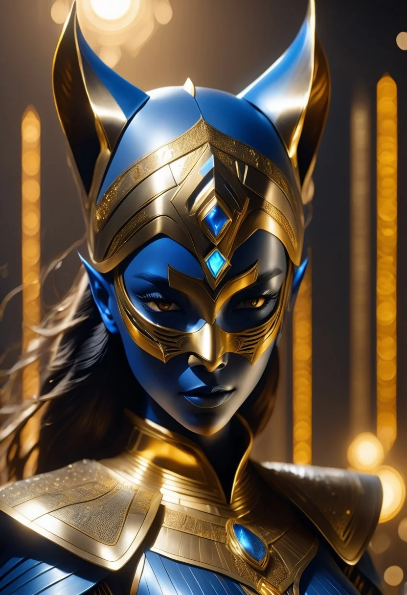 The image is a digital illustration of a female warrior wearing a futuristic helmet with a unique design. The helmet is made of metal and has a golden and black color scheme with intricate details on the front and back. The face of the helmet is covered with a blue and gold mask that covers the entire face. The mask has two large cat ears on either side of the eyes and a pointed nose. The woman's hair is styled in a high ponytail and she is wearing a blue cape with gold accents. She is also wearing a gold and silver armor with a large chest plate. The background is dark and blurred with a hint of orange and yellow lights shining down on her. The overall mood of the image is intense and powerful, colored skin, Hyperdetailed.