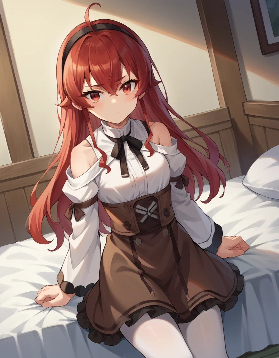 score_9, score_8_up, score_7_up, source_anime,
erisgreyrat, <lora:eris-greyrat-ponyxl-lora-nochekaiser:1>,
eris greyrat, ahoge, hair between eyes, long hair, red eyes, red hair, sidelocks,
black hairband, black ribbon, brown skirt, hairband, long sleeves, neck ribbon, pantyhose, ribbon, shirt, shoulder cutout, skirt, white pantyhose, white shirt, wide sleeves,
indoors, bed, bed room,
looking at viewer, cowboy shot, dutch angle,