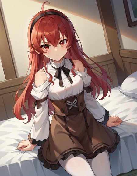 score_9, score_8_up, score_7_up, source_anime,
erisgreyrat, <lora:eris-greyrat-ponyxl-lora-nochekaiser:1>,
eris greyrat, ahoge, hair between eyes, long hair, red eyes, red hair, sidelocks,
black hairband, black ribbon, brown skirt, hairband, long sleeves, neck ribbon, pantyhose, ribbon, shirt, shoulder cutout, skirt, white pantyhose, white shirt, wide sleeves,
indoors, bed, bed room,
looking at viewer, cowboy shot, dutch angle,