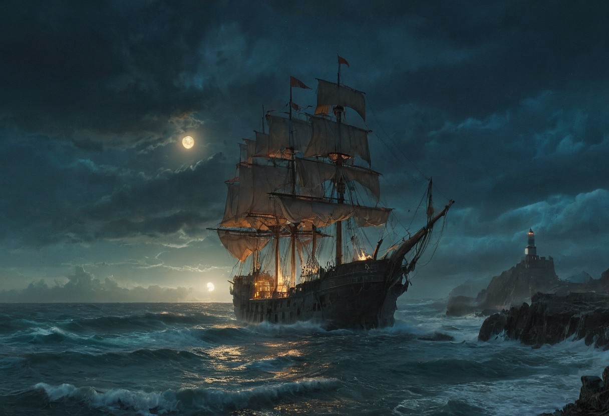 Under the eerie glow of a full moon, a dark and ominous ocean landscape unfolds. A vibrant, (fishing sail ship:1.4) stands by the edge of a serene ocean, its vivid hues contrasting starkly with the foreboding atmosphere. Ship from side view, In the background, a lighthouse stands atop jagged rocks, its light cutting through the darkness and reflecting off the ocean's surface, glistening in the moonlight. Thick, swirling clouds loom overhead, adding to the sense of an evil presence. The moonlight filters through the clouds, casting an otherworldly glow over the scene. A falling star streaks across the sky, adding a touch of mysticism to the night. The air is thick with a sense of ancient secrets and dark magic, as if the very night is alive with hidden power.