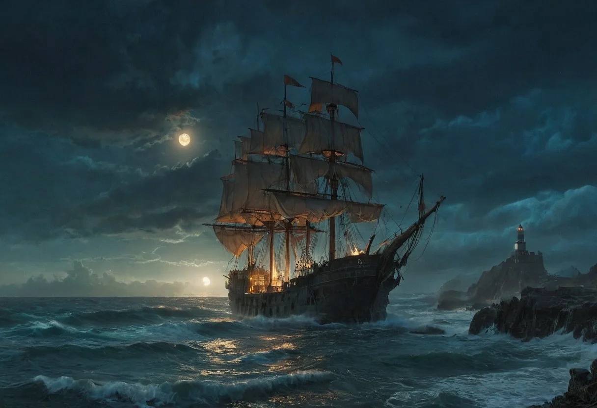 Under the eerie glow of a full moon, a dark and ominous ocean landscape unfolds. A vibrant, (fishing sail ship:1.4) stands by the edge of a serene ocean, its vivid hues contrasting starkly with the foreboding atmosphere. Ship from side view, In the background, a lighthouse stands atop jagged rocks, its light cutting through the darkness and reflecting off the ocean's surface, glistening in the moonlight. Thick, swirling clouds loom overhead, adding to the sense of an evil presence. The moonlight filters through the clouds, casting an otherworldly glow over the scene. A falling star streaks across the sky, adding a touch of mysticism to the night. The air is thick with a sense of ancient secrets and dark magic, as if the very night is alive with hidden power.
