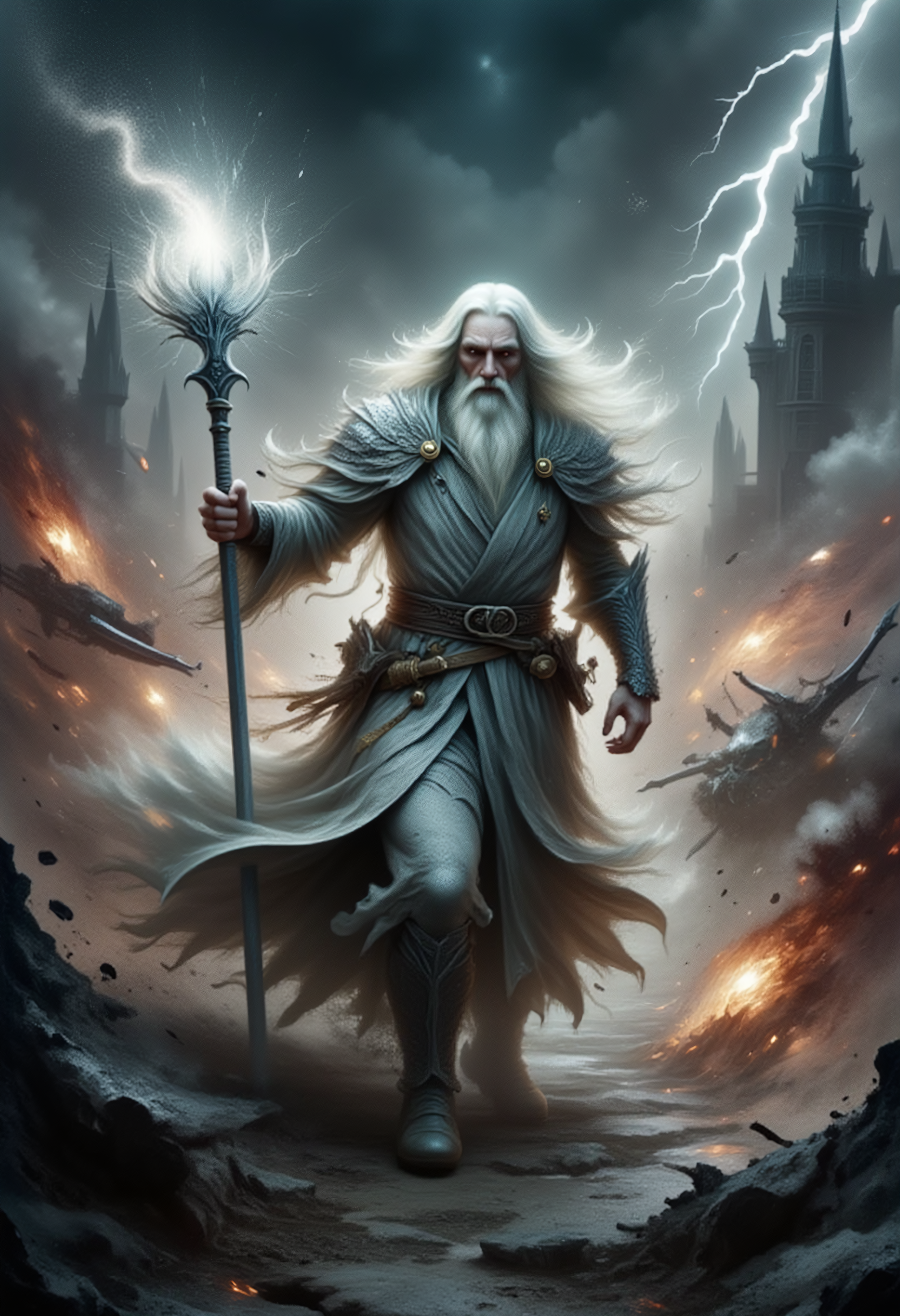 This striking scene depicts Gandalf the White in the midst of the tumultuous Siege of Minas Tirith, portrayed during a critical moment of battle. Standing resolutely on the cityâs battlements, Gandalf is a commanding presence, his majestic white robes and billowing cloak whipped by the fierce winds of war. In his hand, his white staff shines brilliantly, casting a radiant light that slices through the encroaching darkness enveloping the battlefield below.
Gandalf's silver hair and beard cascade around him like a wild, untamed mane, enhancing the fierceness of his piercing eyes, which burn with an intense, steely resolve. The chaos of battle rages around him: Orcs relentlessly assault the city walls, catapults launch fiery missiles into the air, and the dark sky above is intermittently lit by the stark flashes of lightning.
With a defiant stance, Gandalf lifts his staff skyward, its glow a beacon of hope that repels the oppressive shadows cast by Mordor, instilling courage and renewed vigor among the embattled soldiers. The iconic white towers and robust stone walls of Minas Tirith provide a stark, resilient backdrop against the smoky, besieged landscape.
The artwork is dramatized with striking lighting effects; divine shafts of light pierce the gloom, spotlighting Gandalf as a pivotal beacon of hope and resistance. This powerful depiction not only captures the epic scale of the battle but also embodies Gandalfâs heroic spirit and unyielding determination to lead the forces of good against the overwhelming darkness, encapsulating the essence of the legendary wizard at a decisive moment in Middle-earthâs history