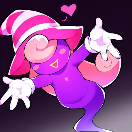 score_9, score_8_up, score_7_up, score_6_up, source_anime, best quality, black background, hearts, BREAK 1girl, solo, vivian_(\paper_mario\), purple body, pink hat, witch hat, gloves, ghost, pink hair, long hair, no eyes, no legs, outstretched arms, reaching out, smile, open mouth, looking at viewer, dutch angle, <lora:PDXL_Vivian_PM:1>
