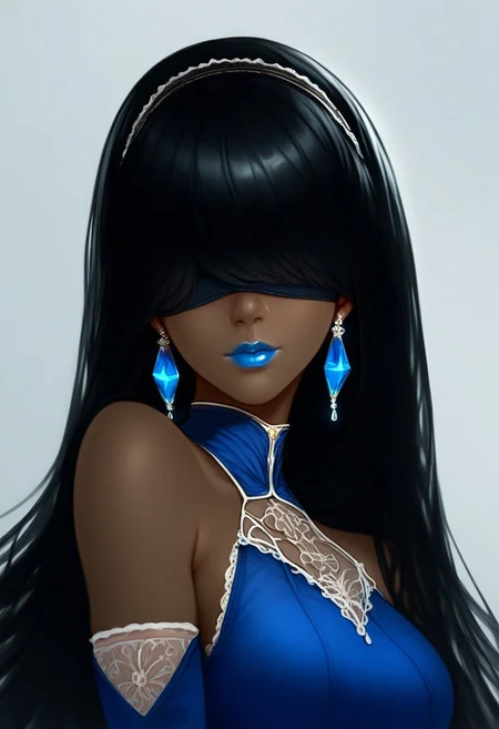 (((black hair))), long hair, (((bangs over eyes))), (((black blindfold))), 1girl, russian, Caucasian, (Cinematic Angle), ((best quality)), ((masterpiece)),
score_9,score_8_up,core_7_up,source_anime,1girl,,bangs,gloves,frills,1girl,twintails,hairband,non-web source,crystal earrings,black hairband,clothing request,bare shoulders,blue eyes,earrings,jewelry,solo,blue lips,character request,black hair,sidelocks,dark-skinned female,dark skin,long hair,upper body,looking at viewer,,blue dress,