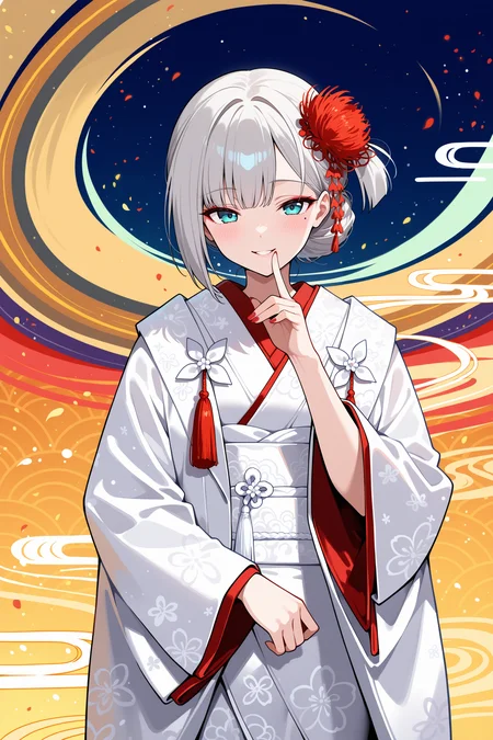 masterpiece, best quality, anime, 2d, 1girl, aqua eyes, red eyeshadow, mole under eye, grey hair, short hair, one side up, hair bun, hair flower ornament, uchikake, japanese wedding dress, white sash, tassels, wide sleeves, red nails, <lora:ShoukakuNBCAMEq4+1v1 AL:1>, abstract, absurdres, incredibly absurdres, establish, facing viewer, cowboy shot, shiny skin, abstract background, mature female, naughty face