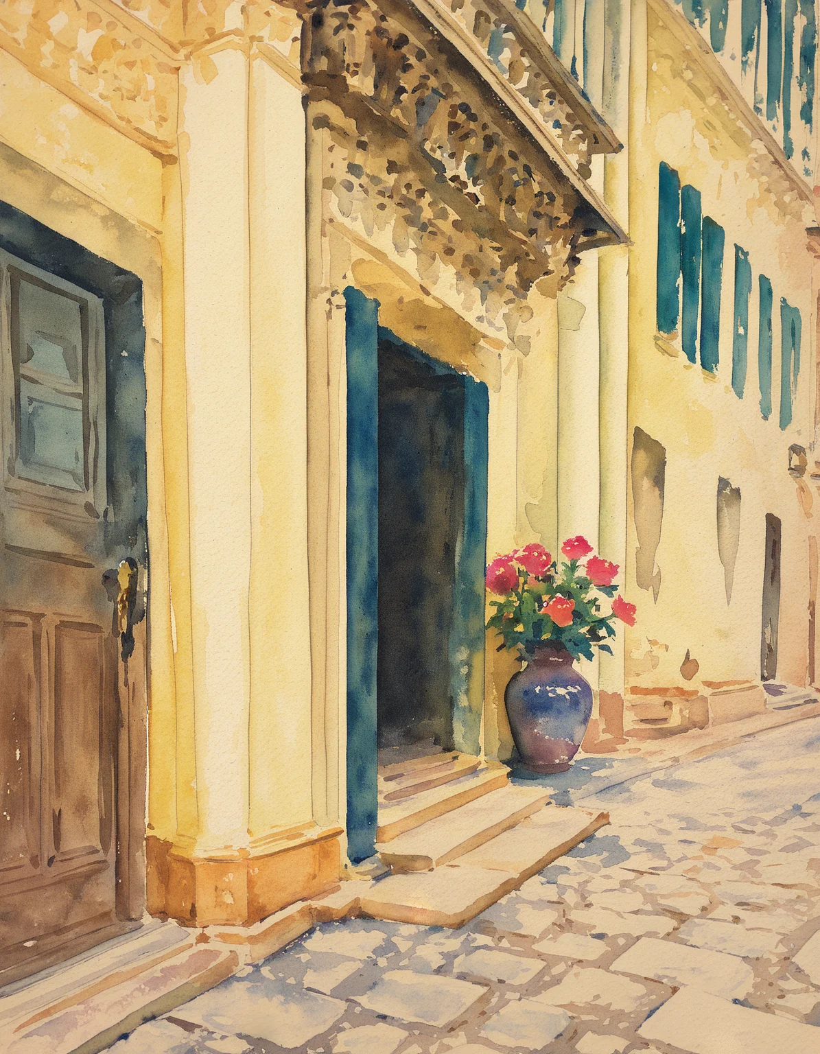 artist: sargent, masterpiece, best quality, highres, highly detailed, painting \(medium\), watercolor \(medium\), 
flower vase, still life, florence italy, street, yellow wall, wooden door, pavement, architecture, 
 <lora:John Sargent Illustrious 0.1-step00000630:1>