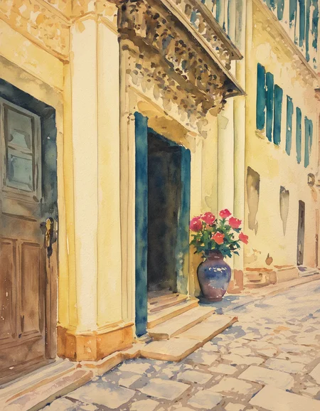 artist: sargent, masterpiece, best quality, highres, highly detailed, painting \(medium\), watercolor \(medium\), 
flower vase, still life, florence italy, street, yellow wall, wooden door, pavement, architecture, 
 <lora:John Sargent Illustrious 0.1-step00000630:1>