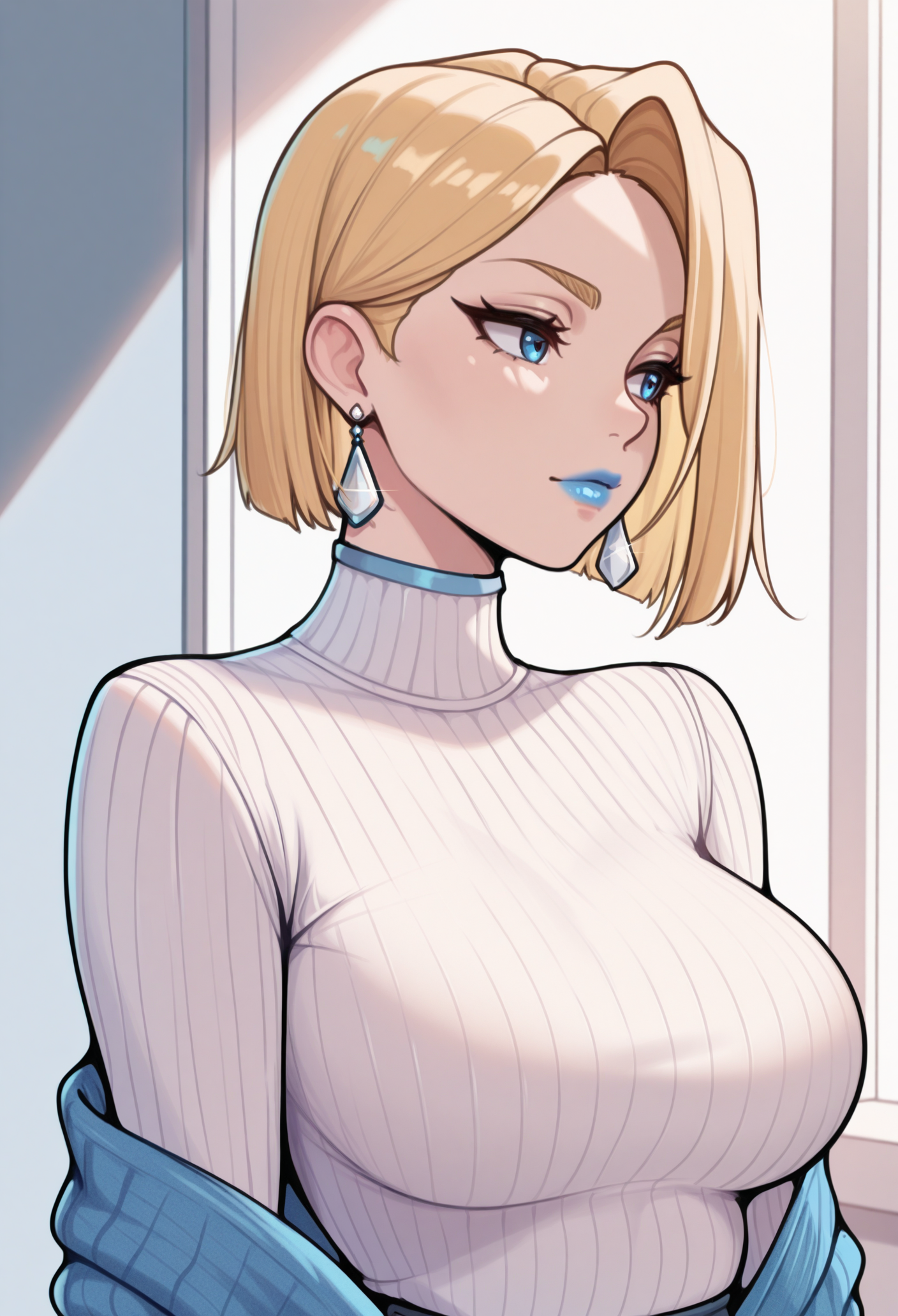 1girl, solo, sweater, looking to the side, 
blonde hair, short hair, blue eyes, blue lips, earrings, 
masterpiece, best quality, <lora:emmafrostMR-guy90-Illust-LoraV202:1>, tsinne