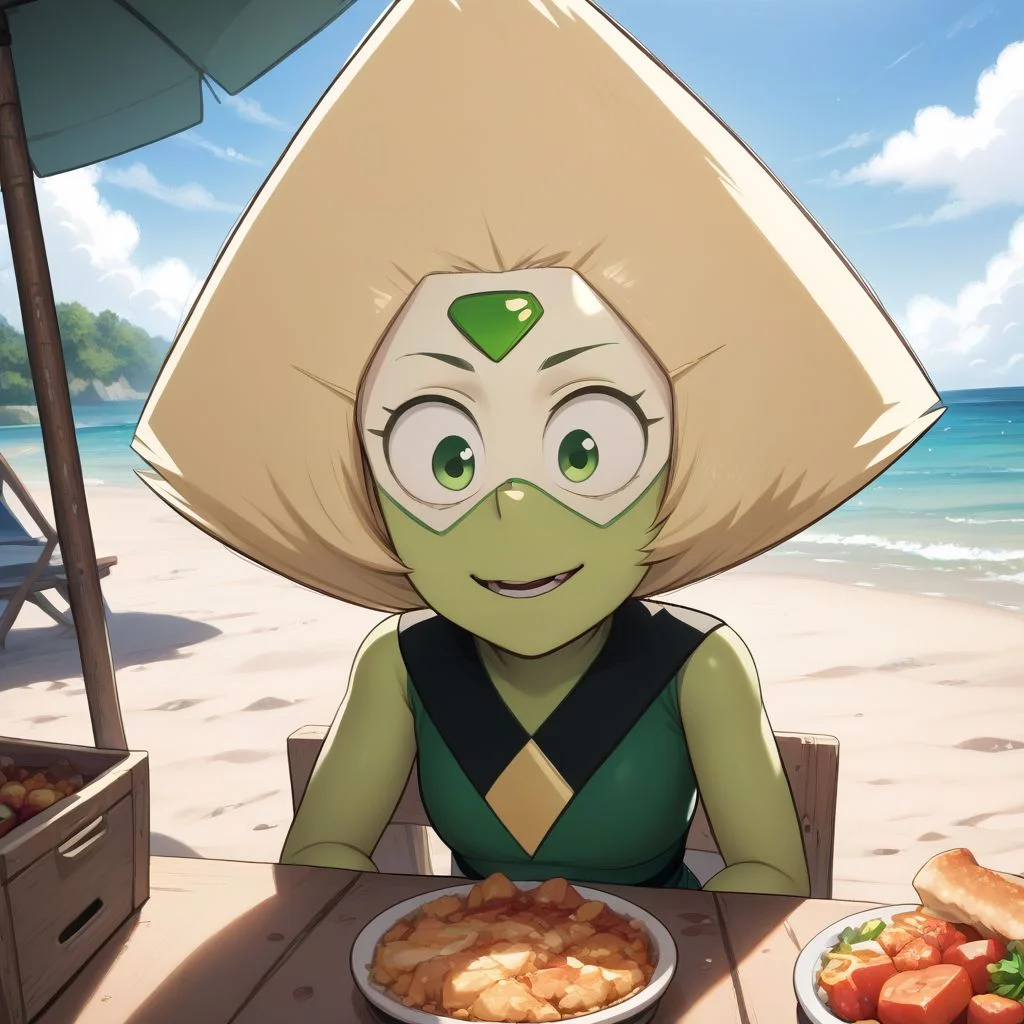 score_9, score_8_up, score_7_up, 8k uhd, masterpiece, best quality, high quality, absurd res, ultra-detailed, (highly detailed), solo, 1girl ,peridot, gem, forehead jewel, green, happy, food, food in table , sitting, beach house, cinematic lighting, perfect shading, dynamic angle, unique angle, volumetric lighting, Expressiveh, <lora:add-detail-xl:1.2> , greatm8 style,