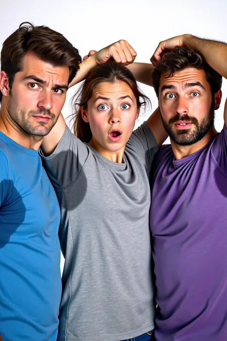 photo, Three adult individuals wearing a shirt with sweat are shown in a upper body medium close-Up shot. The first person on the left has dark hair is wearing a blue shirt with sweat and has a serious expression. The second person in the center has brown hair wears a gray shirt with sweat and looks surprised. The third person on right has dark brown hair and is wears purple shirt with sweat., white background, sweat-spots-smudges on armpit, caucasian, shirt, 1girl, open mouth, facial hair, white background, brown hair, blue shirt, upper body, arms up, realistic, simple background, multiple boys, 2boys, arms behind head, looking at viewer, pointing, blue eyes, meme, beard, short sleeves
 <lora:flux\clothes\Sweaty Shirt Flux v6 rmrg_preset8.safetensors:0.9:0.9> <lora:flux\clothes\Sweaty Shirt flux v5.5 rmrg_preset7.safetensors:0.4:0.4>