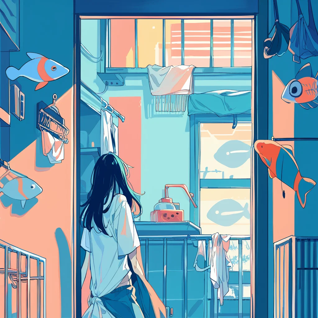 score_9, score_8_up, score_7_up, 1girl, solo, black hair, clothes hanger, laundry, clothesline, window, long hair, bubble, limited palette, shirt, ligne claire, fish, wide shot, railing, indoors, white shirt, flat color, blue theme, <lora:ichigoame-xl-v2-000010:1>,