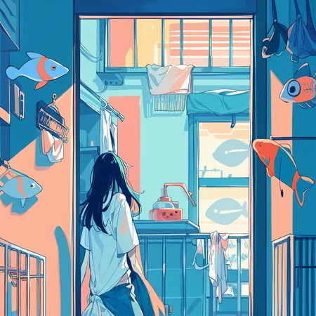 score_9, score_8_up, score_7_up, 1girl, solo, black hair, clothes hanger, laundry, clothesline, window, long hair, bubble, limited palette, shirt, ligne claire, fish, wide shot, railing, indoors, white shirt, flat color, blue theme, <lora:ichigoame-xl-v2-000010:1>,