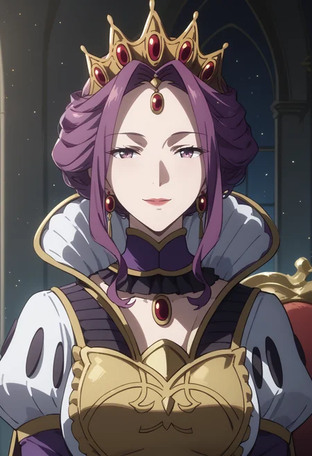 score_9, score_8_up, score_7_up, score_6_up, source_anime, absurdres, highres, official art, uncensored, lineart,
sharp focus, character focus, upper body, close-up, face focus,
mirelia_q_melromarc, mature female, sidelocks, earrings, purple hair, purple eyes, crown,
arrogant, tsurime, looking at viewer, half-closed eyes, smile,
purple dress, puffy sleeves, juliet sleeves, high collar,
luxury castle hall, indoors, night,
rising particles, glowing particles, depth of field, dark theme, <lora:AuraGlow_Style_v1:0.7000000000000001> <lora:Mirellia_Q._Melromarc__The_Rising_of_the_Shield_Hero_Pony:0.8>
