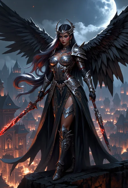 mythp0rt, moody, atmospheric dark fantasy image, oriental female Dark Angel, Black Wings, long two-tone hair (black with red highlights), bangs, dark eyeshadow, red lips, silver armor with red end dark blue embellishments, holding weapons, facing viewer, illuminated standing on a high peak in front of a burning fantasy city