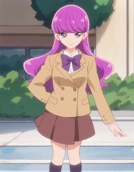 score_9, score_8_up, score_7_up, anime screencap, solo,1girl, kotozumeyukari, earrings, school uniform, jewelry, smile, bow, kneehighs, looking at viewer, purple bow, jacket,purple bowtie,brown skirt, long sleeves, blazer, cowboy shot,medium breasts,<lora:kotozumeyukari:0.8>