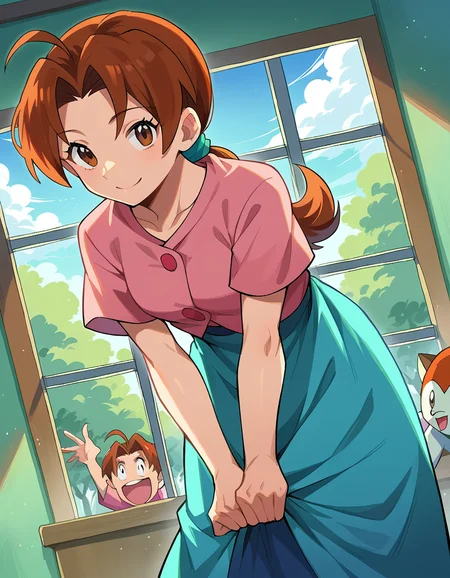 score_9, score_8_up, score_7_up, source_anime,
deliaketchum, <lora:delia-ketchum-ponyxl-lora-nochekaiser:1>
deliaketchum, brown hair, brown eyes, parted bangs, ahoge, ponytail, low ponytail,
shirt, pink shirt, short sleeves, skirt, blue skirt, long skirt,
indoors, bent over, smile,
looking at viewer, cowboy shot, dutch angle,
