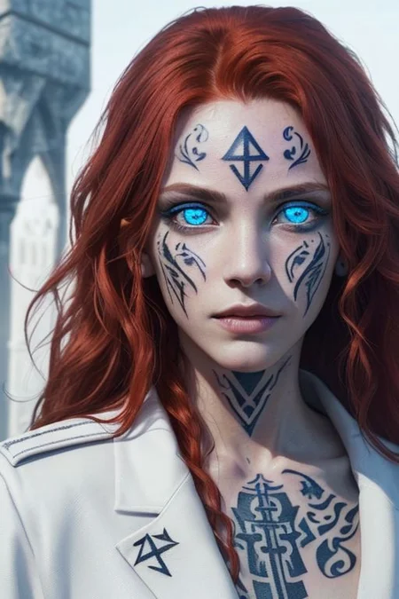 bright red hair, human female, (feminine:1.7), (beautiful face, detailed face:1.6), (beautiful eyes, detailed eyes:1.7), (looking at viewer, eye contact, intense:1.6), (long hair, red hair, curly hair:1.3), , ((masterpiece, best quality, high resolution, realistic, best quality,)), photo realistic, Perfect Face, (detailed face). <lora:GoodHands-vanilla:0.6> <lora:add-detail-xl:0.8>, mage, (Dress White military uniform coat), dagger, rune dagger, glowing runes, , (((glowing magic symbols tattoos, religious tattoos))), ((face tattoos)), glowing tattoos, stone tower in the background