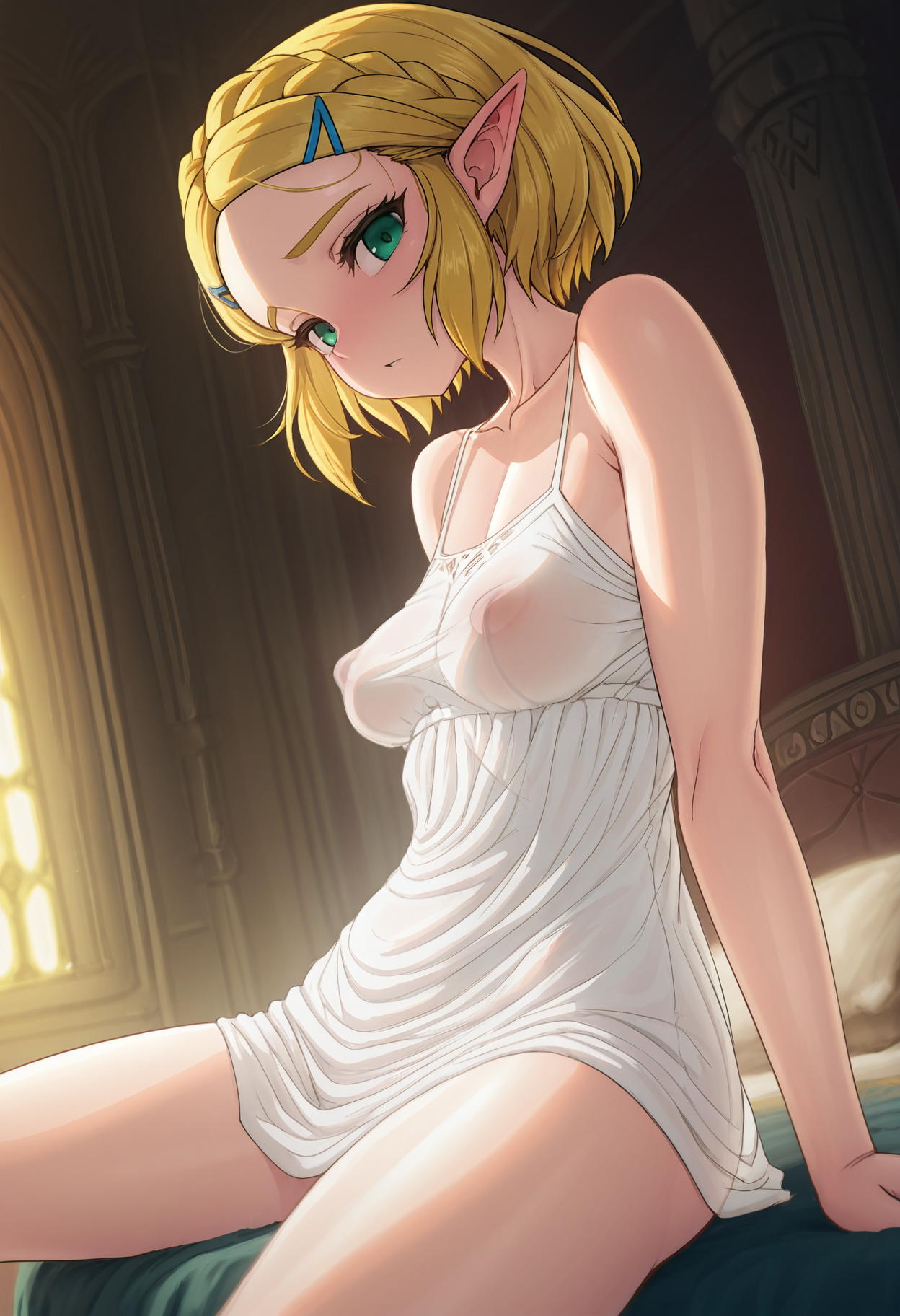 masterpiece, best quality, 
1girl, solo, from side, sitting, spread legs, looking at viewer, princess zelda, short hair, blonde hair, white camisole, see-through clothes, covered nipples, indoors, bedroom, palace, 
 <lora:Aya_Shobon_aya_thon2hk:1> 4y4_Sh000b000n,