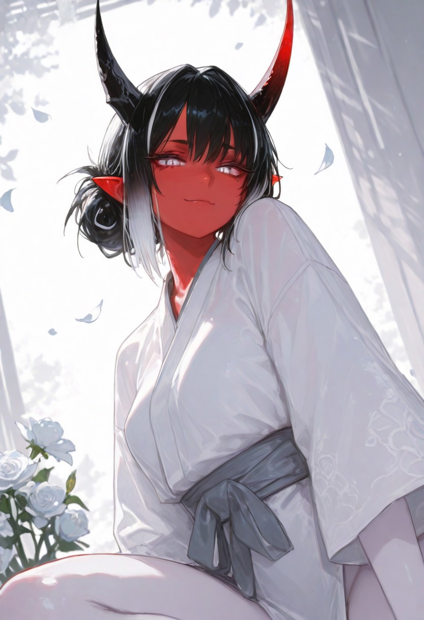 1girl, gorgeous girl , kawaii girl , cute face, masterpiece, best quality, very awa, absurdres, 748cmstyle, usnr
masterpiece, best quality, Good quality, very aesthetic, absurdres, newest,1girl, light rays, looking at viewer, sky, solo, gradient color, erotic, petals falling,
BREAK
ultra-detailed, 8K, illustration, CG, ultra-detailed-eyes, detailed background, ambient occlusion, raytracing, soft lighting, absolutely eye-catching, intricate cinematic background, beautiful face,  , eyelashes, erotic, looking seductive, coy. dynamic action image, detailed face, detailed eyes, direct mesmerizing gaze, mature female, medium breast,
BREAK
sexy, slutty, hot, aroused, 
Aka-Oni, oni, colored skin, red skin, smooth horns, black horns
BREAK
flirting:2.0, flower,
BREAK
(EyesHD:1.2), (4k,8k,Ultra HD), masterpiece, best quality, ultra-detailed, very aesthetic, sharp focus, depth of field, ray tracing, best lighting, detailed illustration, detailed background, cinematic, beautiful face, beautiful eyes, 
BREAK
 (((split face))) (((right side angle face, long white hair, white eye, pale skin, no horn))) ((( left demon side, black hair, red skin, ember eye, succubus, single demon solo horn,))) face focus, split identical face