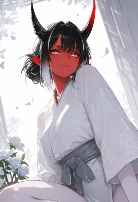 1girl, gorgeous girl , kawaii girl , cute face, masterpiece, best quality, very awa, absurdres, 748cmstyle, usnr
masterpiece, best quality, Good quality, very aesthetic, absurdres, newest,1girl, light rays, looking at viewer, sky, solo, gradient color, erotic, petals falling,
BREAK
ultra-detailed, 8K, illustration, CG, ultra-detailed-eyes, detailed background, ambient occlusion, raytracing, soft lighting, absolutely eye-catching, intricate cinematic background, beautiful face,  , eyelashes, erotic, looking seductive, coy. dynamic action image, detailed face, detailed eyes, direct mesmerizing gaze, mature female, medium breast,
BREAK
sexy, slutty, hot, aroused, 
Aka-Oni, oni, colored skin, red skin, smooth horns, black horns
BREAK
flirting:2.0, flower,
BREAK
(EyesHD:1.2), (4k,8k,Ultra HD), masterpiece, best quality, ultra-detailed, very aesthetic, sharp focus, depth of field, ray tracing, best lighting, detailed illustration, detailed background, cinematic, beautiful face, beautiful eyes, 
BREAK
 (((split face))) (((right side angle face, long white hair, white eye, pale skin, no horn))) ((( left demon side, black hair, red skin, ember eye, succubus, single demon solo horn,))) face focus, split identical face
