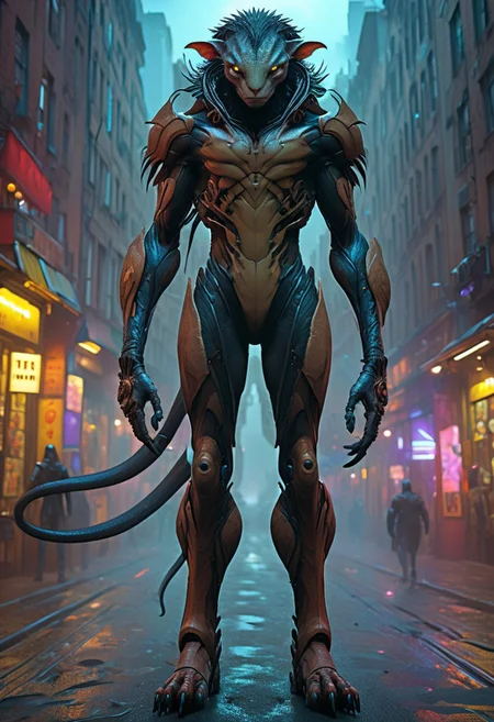score_9, score_8_up, score_9_up, SilverPulse, Fantasy Creature, punk hair, lizard, cat, alien girl, feminime, female, 1girl, four arms, Avatar navi alien with purple skin, bal, big eyes, medium breast, red trench coat, running on the top of train, yellow train, cyberpunk city, night, neon light, rainy, dynamic view, dynamic pose, super wide angle shot, extreme perspective,