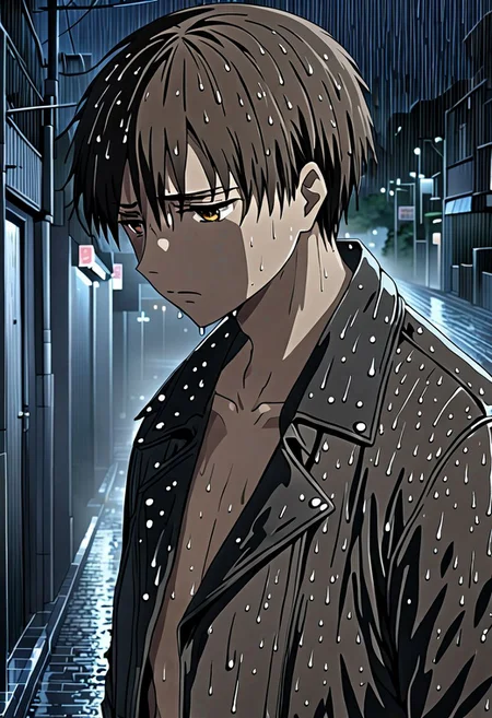 high resolution, solo, best quality, 1Boy, Takaki Toono, Brownish Hair, Brown Eyes, heavy rain, night, looking down, sad, leather jacket, looking away, wet, wet hair, OverallDetail