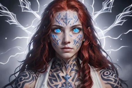 bright red hair, human female, (feminine:1.7), (beautiful face, detailed face:1.6), (beautiful eyes, detailed eyes:1.7), (looking at viewer, eye contact, intense:1.6), (long hair, red hair, curly hair:1.3), , ((masterpiece, best quality, high resolution, realistic, best quality,)), photo realistic, Perfect Face, (detailed face). <lora:GoodHands-vanilla:0.6> <lora:add-detail-xl:0.8>, mage, (Dress White military uniform coat), dagger, rune dagger, glowing runes, , (((glowing magic symbols tattoos, religious tattoos))), ((face tattoos)), glowing tattoos, stone tower in the background