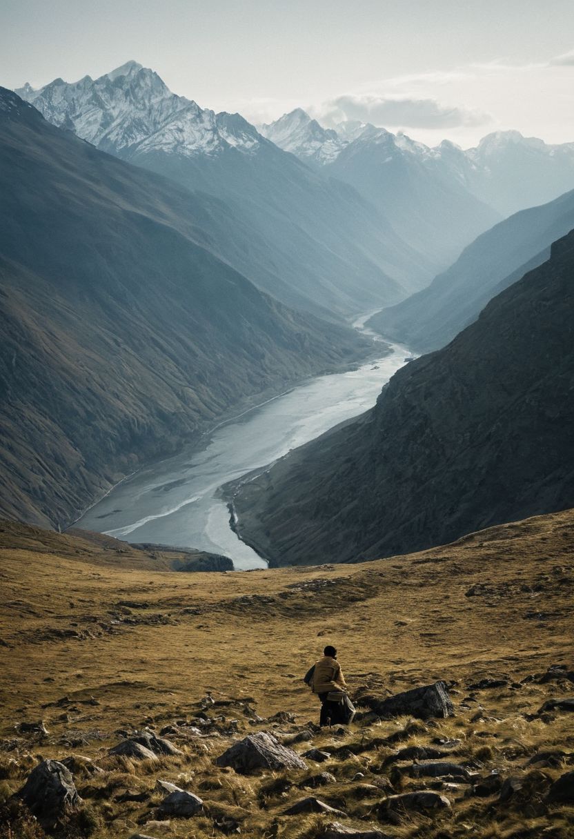 In this evocative landscape, a figure stands near the camera, their form blurred and out of focus, as they gaze towards a distant river and the majestic mountains beyond. The viewer's attention is drawn to the crisp, detailed mountains, which dominate the scene, while the subject remains a mysterious, indistinct presence, adding a sense of longing and introspection to the image