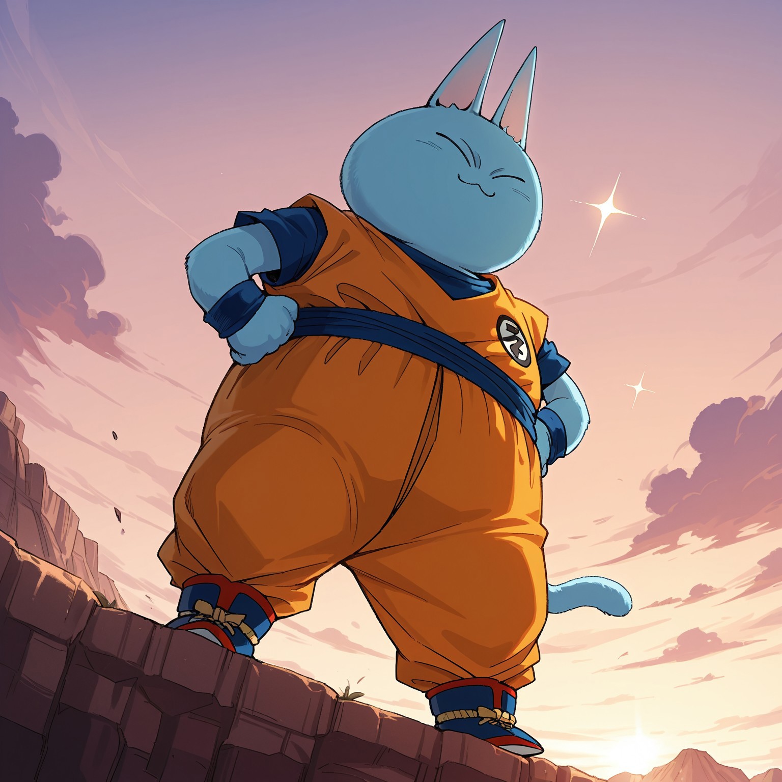 2d, Nekomajinz, cat, no nose, blue fur, eyes closed, tail, solo, male, 1boy

BREAK dougi, orange tank top, blue undershirt, blue short sleeves, blue sash belt, orange pants, blue wristbands, blue and red shoes

BREAK standing on top a cliff, low angle view, hands on hips, sky, clouds, sunny day, aesthetic lighting, confident, sparkles, best quality, amazing quality, very aesthetic, absurdres, newest, masterpiece