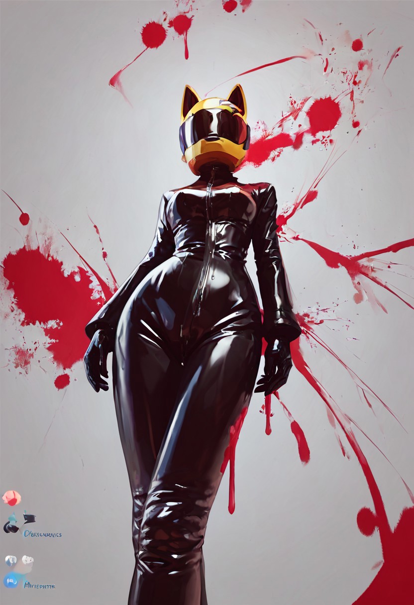 score_9, score_8_up, score_7_up, monochromemuse, ink splatter 1girl, ((celty sturluson)), shot from below, zoomed in, helmet, latex