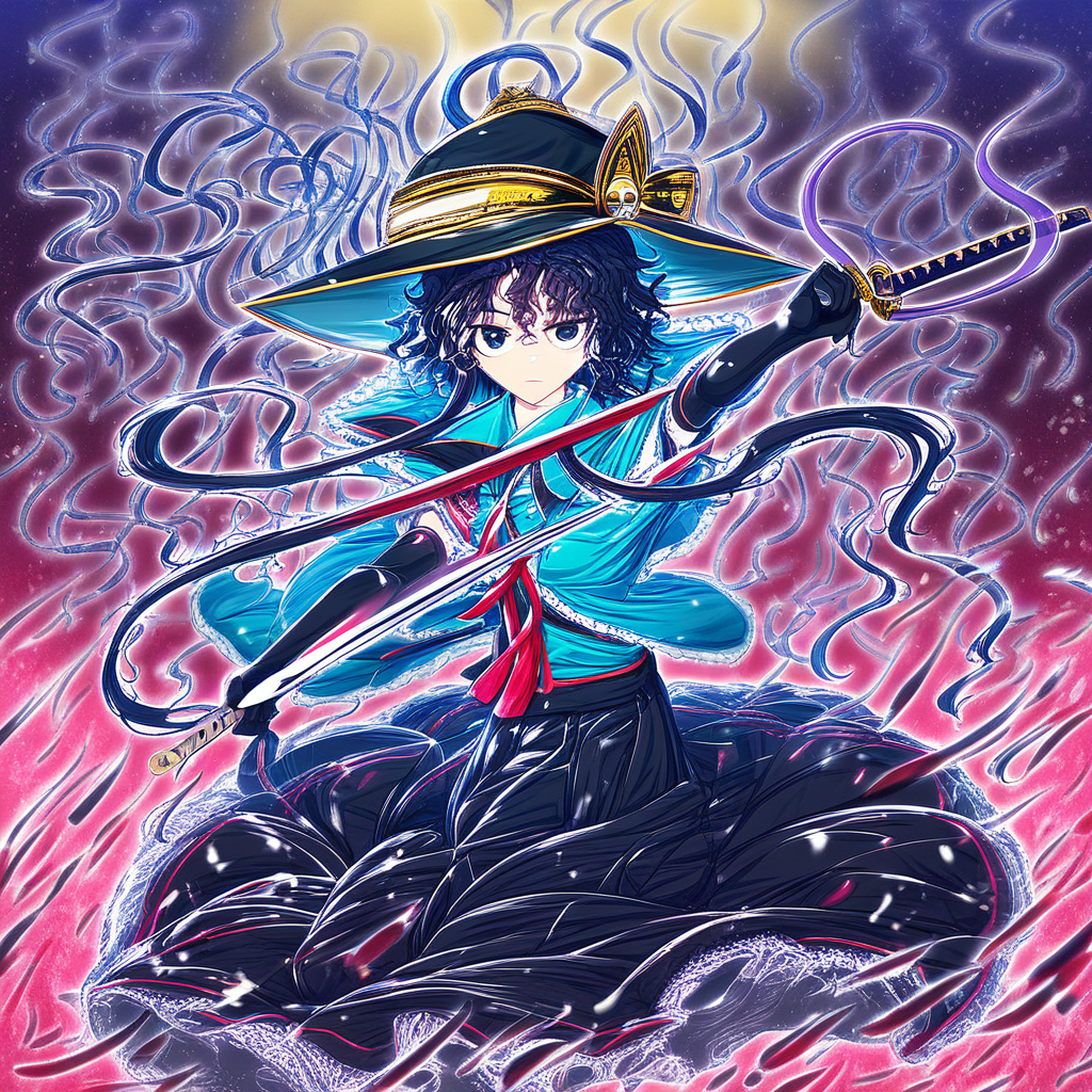 looking at viewer, triangular headpiece, capelet, hat ornament, collared shirt, elbow gloves, school uniform, short hair with long locks, black skirt, kimono, shimenawa, blue shirt, sword, holding umbrella, omelet, messy hair, layered dress