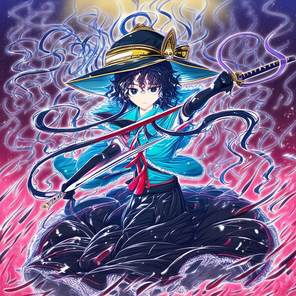 looking at viewer, triangular headpiece, capelet, hat ornament, collared shirt, elbow gloves, school uniform, short hair with long locks, black skirt, kimono, shimenawa, blue shirt, sword, holding umbrella, omelet, messy hair, layered dress