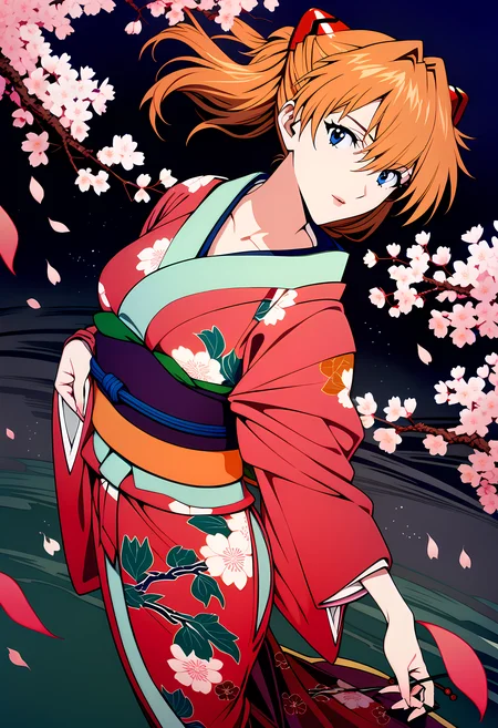 cherry blossoms in a dark storm, light and shadow, cherry petals flying in the air, wind and rain,
1girl, souryuu asuka langley, neon genesis evangelion, rebuild of evangelion, aged up, mature, Japanese kimono, looking at viewer,
dynamic angle, close-up shot, woodcuts, highly detailed, KHsty-XL, <lora:KHsty-XL-v3-AN:0.5>,
masterpiece, best quality, very aesthetic, absurdres,