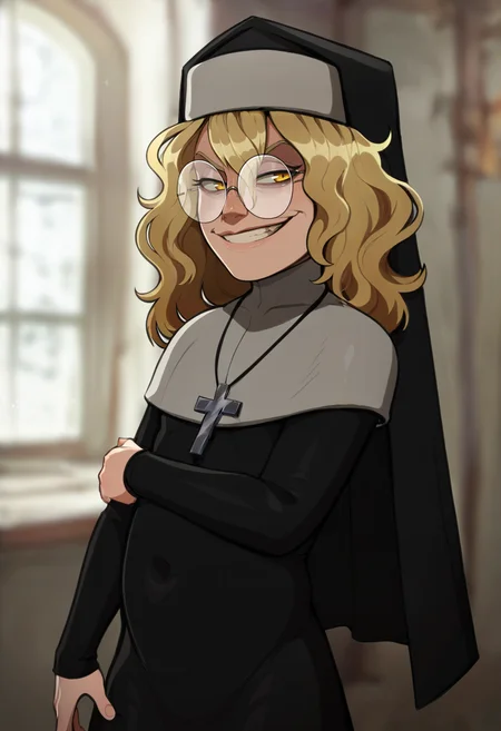 score_9, score_8_up, score_7_up,  <lora:add-detail-xl:3>,
BREAK
<lora:Sister_MacKillop:0.8>, mack, blonde hair, yellow eyes, glasses, habit, nun , nun dress, cross necklace,
BREAK
solo, standing, smirk ,