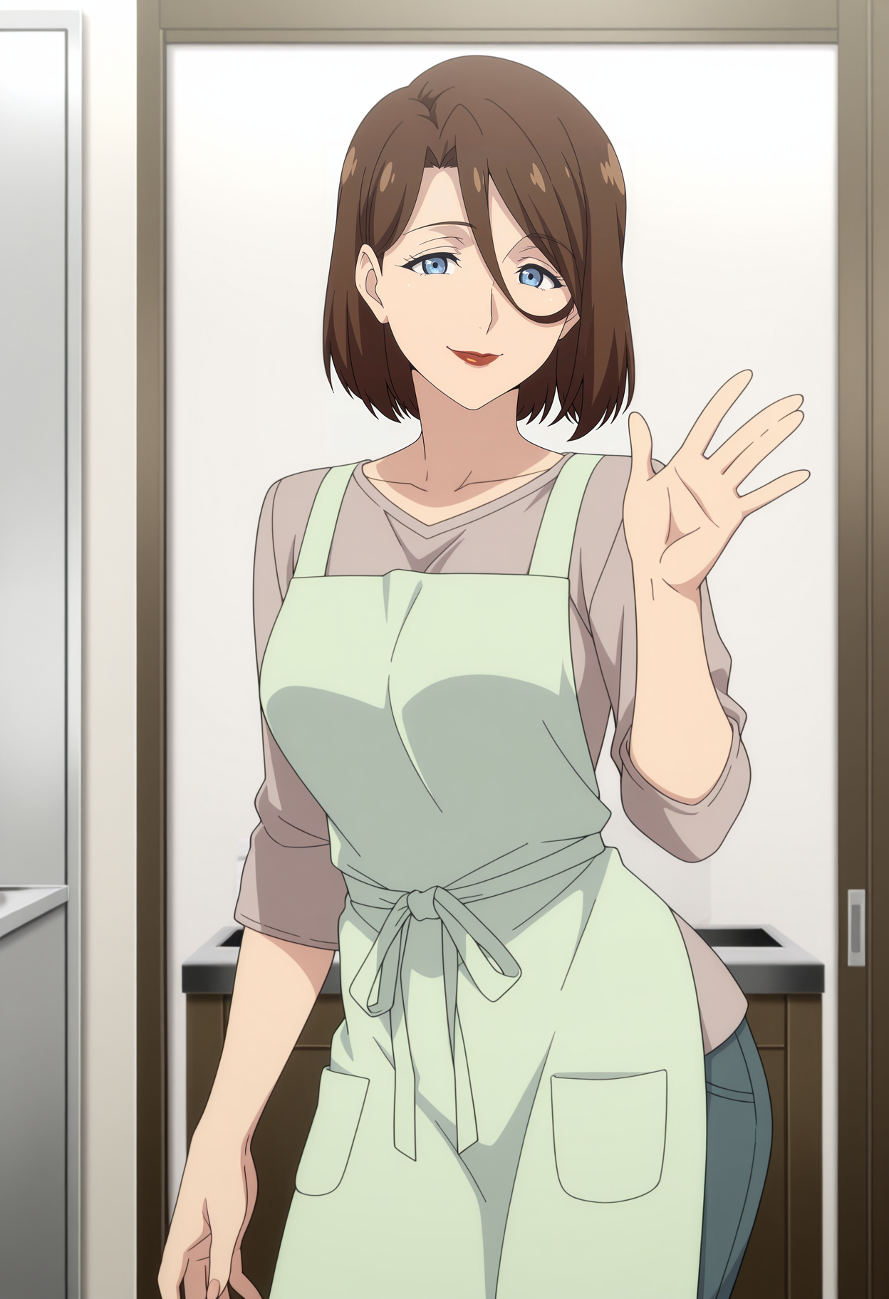 1girl,solo,mm,mature female,brown hair,blue eyes,short hair,hair between eyes,lipstick,anime coloring,
shirt,apron,pants,contrapposto, waving, looking at viewer, smile,indoors
,masterpiece,best quality,amazing quality,<lora:Yumika_Sakuraba-Shinobi_no_Ittoki:0.8>
