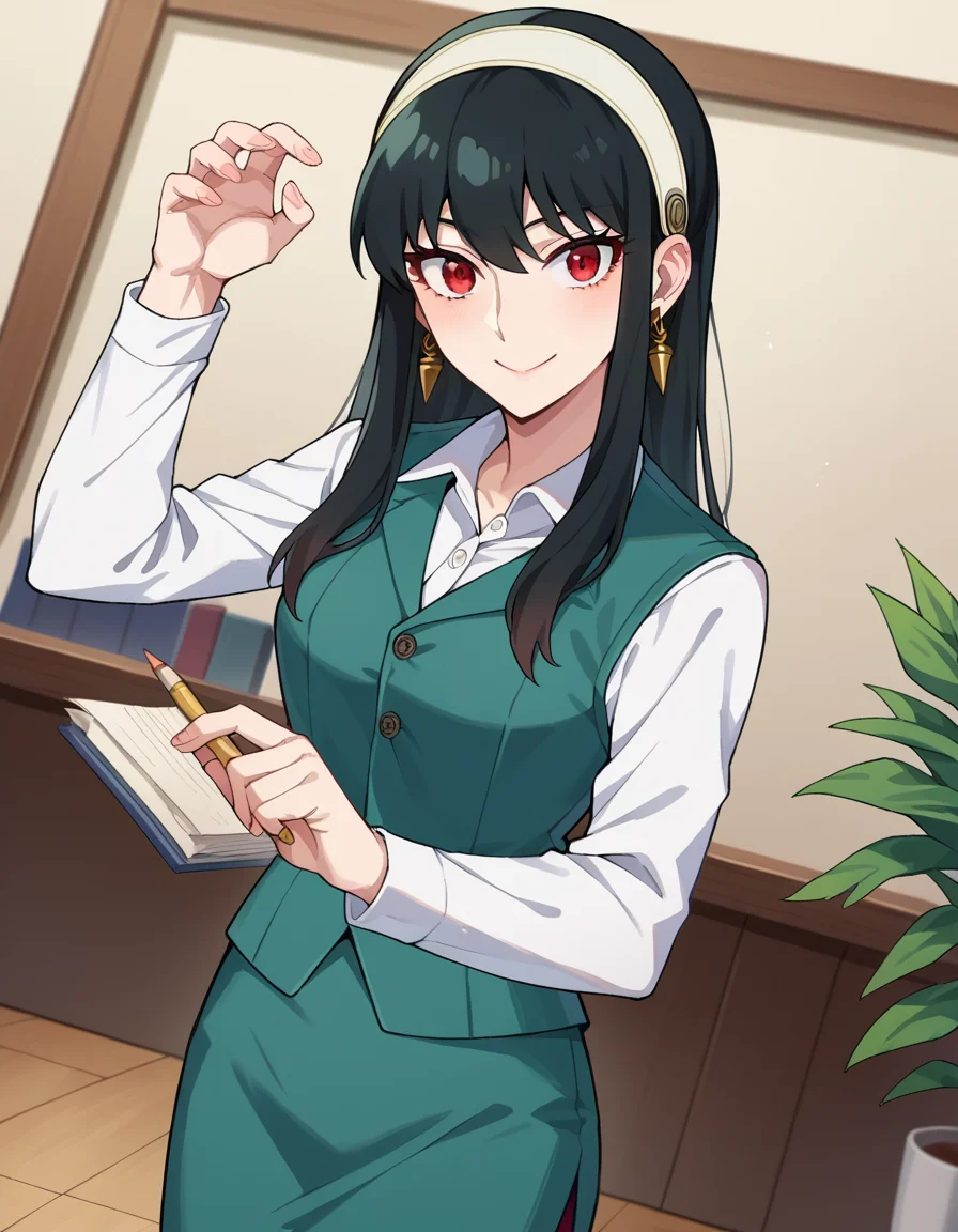 score_9, score_8_up, score_7_up, source_anime,
yorbriar, <lora:yor-briar-ponyxl-lora-nochekaiser:1>,
yor briar, black hair, red eyes, earrings, white hairband, hairband, long hair, sidelocks, smile,
skirt, shirt, long sleeves, white shirt, earrings, collared shirt, vest, green skirt, pencil skirt, office lady, green vest,
indoors, office,
looking at viewer, cowboy shot, dutch angle, dynamic pose,