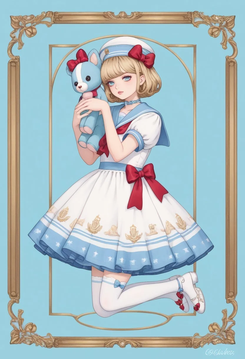 score_9, score_8_up, score_7_up,
masterpiece, best quality, detailed, amazing quality,
detailed background,
detailed face, detailed eyes,
solo, 1girl, dress, stockings, looking at viewer, cute, lovely, easynegative, closeup, flat colors, defined lines,
jumping, red bows, energetic, navy blue white dress, sailor dress, sailor collar, dynamic pose,
hello kitty, stuffed toy, holding, holding stuffed toy