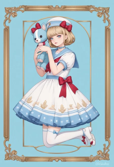 score_9, score_8_up, score_7_up,
masterpiece, best quality, detailed, amazing quality,
detailed background,
detailed face, detailed eyes,
solo, 1girl, dress, stockings, looking at viewer, cute, lovely, easynegative, closeup, flat colors, defined lines,
jumping, red bows, energetic, navy blue white dress, sailor dress, sailor collar, dynamic pose,
hello kitty, stuffed toy, holding, holding stuffed toy