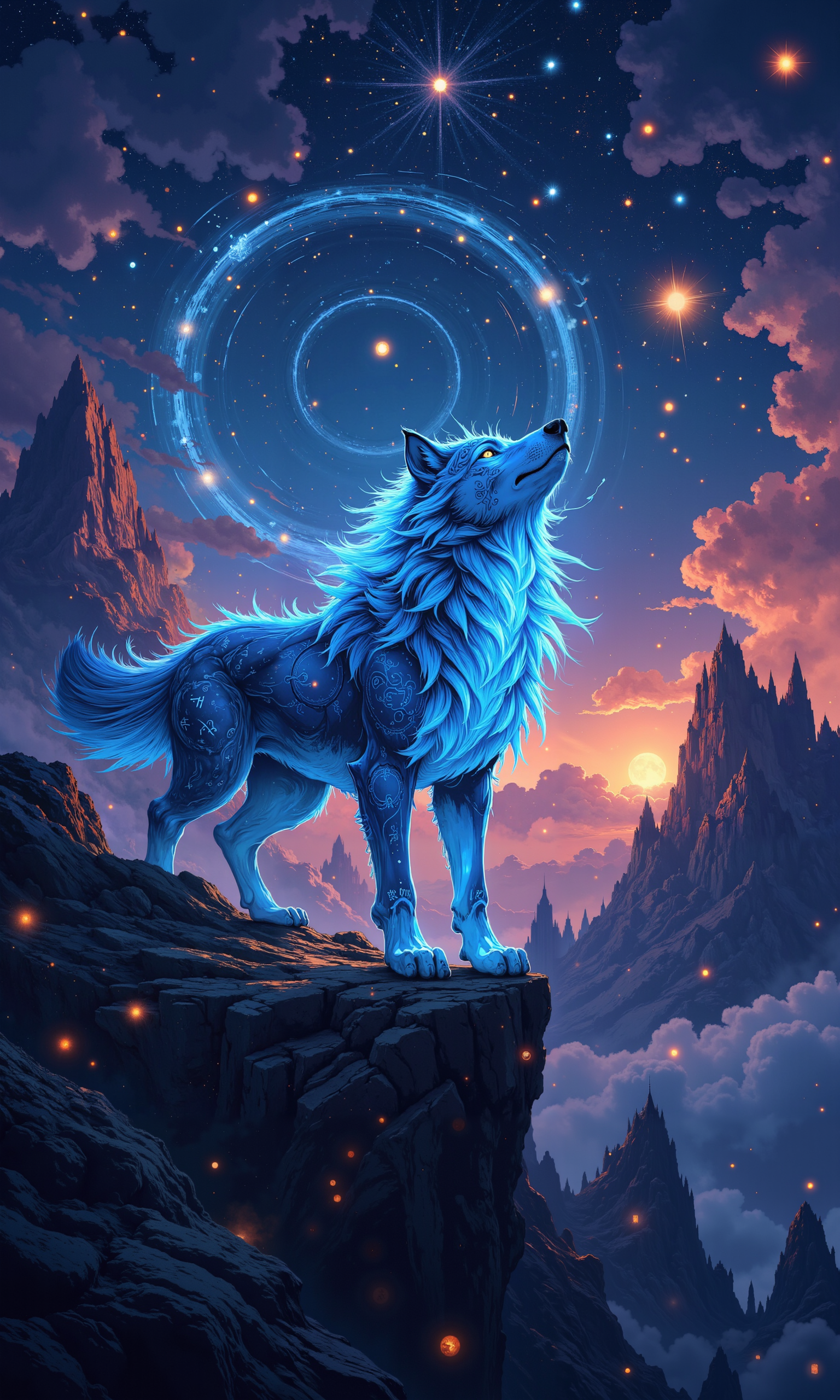 A spectral being emerges from the mystical twilight, embodying the essence of a celestial wolf with translucent fur that glows with an ethereal, icy blue light. Its eyes, pulsating with otherworldly luminance, seem to harbor the secrets of the cosmos. Intricately detailed runes etch its mane, shimmering with a faint golden glow as they pulse with arcane energy. The creature stands on a rocky precipice surrounded by swirling nebulae, casting an awe-inspiring silhouette against a backdrop of distant galaxies. Celestial lights form an enchanting halo around the figure, enhancing the scene with a surreal, dreamlike atmosphere. Mist and starlight entwine around the wolf, suggesting movement and power. The composition is a masterpiece of vibrant colors and mystical lighting, focusing on the majestic stance and radiant aura of the celestial lupine. Captured in ultra-real high-definition, the image highlights the magnificent textures and cosmic wonder of this mythical being. <lora:Ethereal Brush Anime v2.0:0.3> <lora:Hand v2:0.3> <lora:test2-000013:0.7> <lora:SameFace_Fix:0.8> <lora:flux_dev:1>
